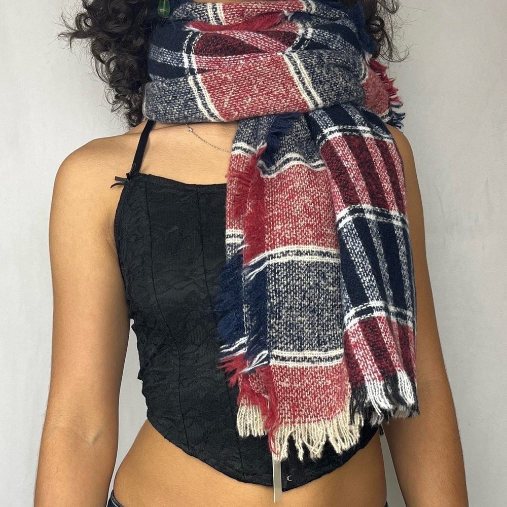 Super soft and warm red and blue plaid square blanket scarf